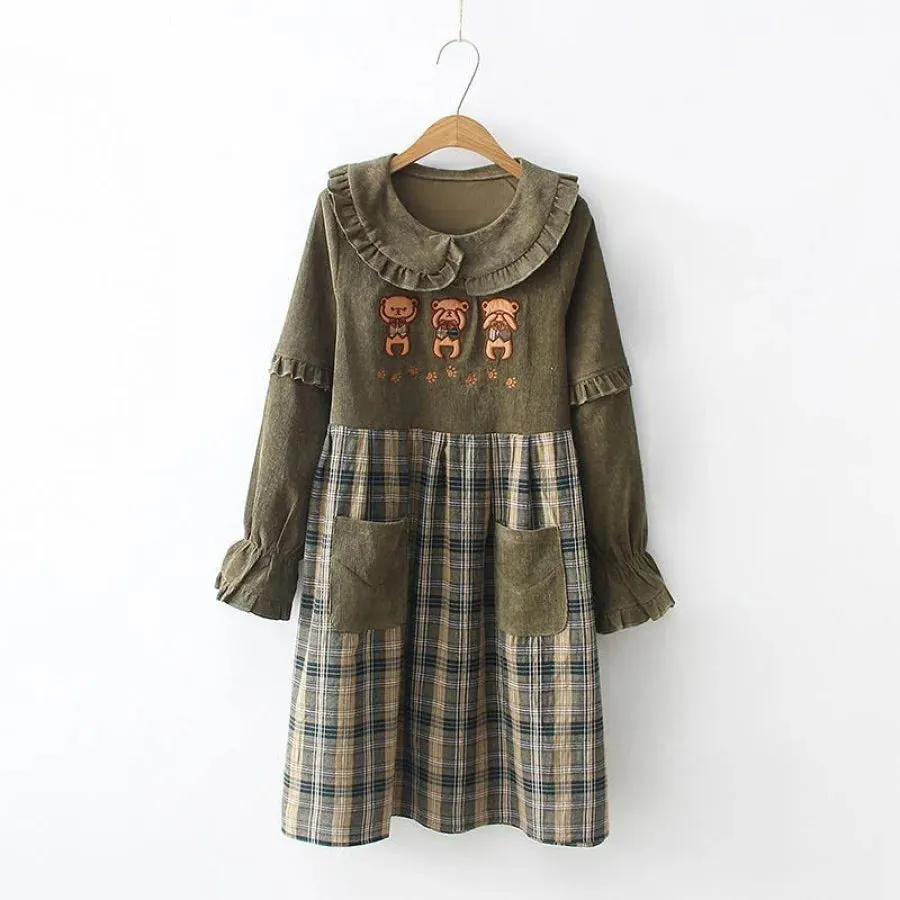 Bears Doll Collar Ruffle Plaid skirt Pocket Corduroy Dress J30010