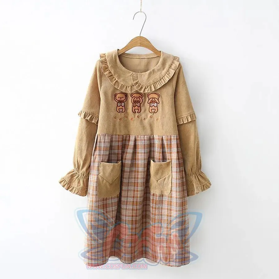Bears Doll Collar Ruffle Plaid skirt Pocket Corduroy Dress J30010