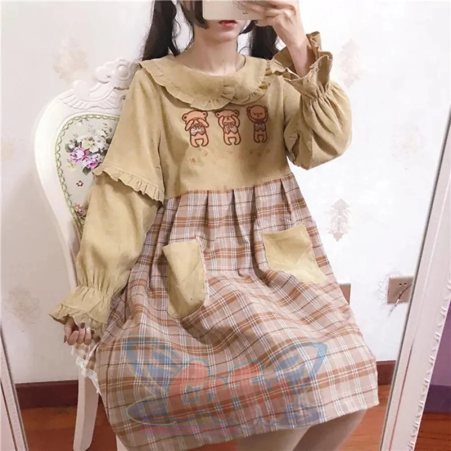 Bears Doll Collar Ruffle Plaid skirt Pocket Corduroy Dress J30010