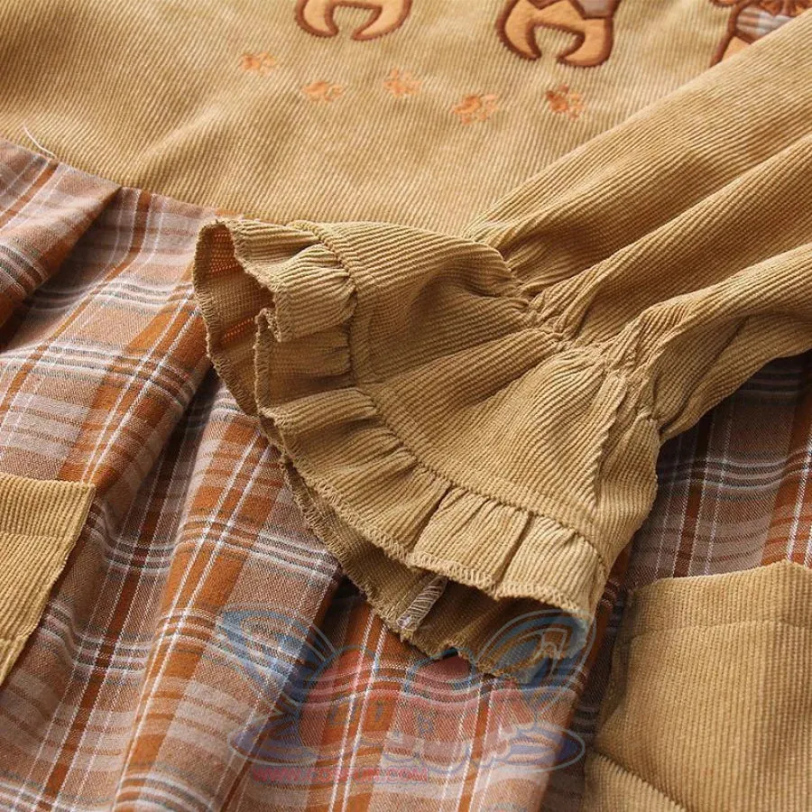 Bears Doll Collar Ruffle Plaid skirt Pocket Corduroy Dress J30010