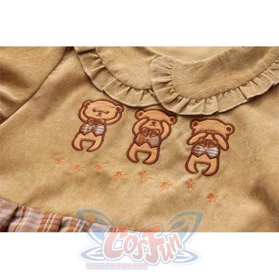 Bears Doll Collar Ruffle Plaid skirt Pocket Corduroy Dress J30010