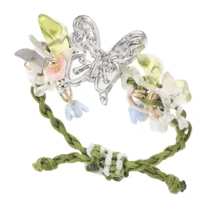 Beaupretty Vintage Butterfly Flower Ring Adjustable Green Rope Weaving Elegant Jewelry for Women Versatile Accessory for Any Outfit Skin Friendly Day Wear