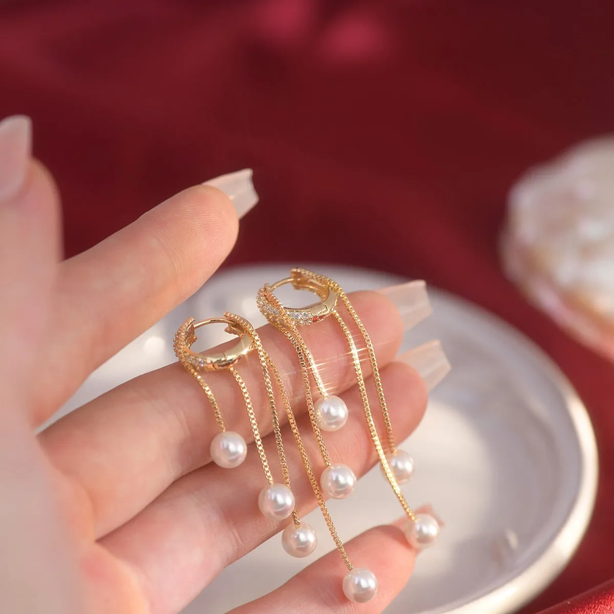 Beautiful Pearl Tassel Earrings Korean Style Micro Pave Zirconia Long Earings