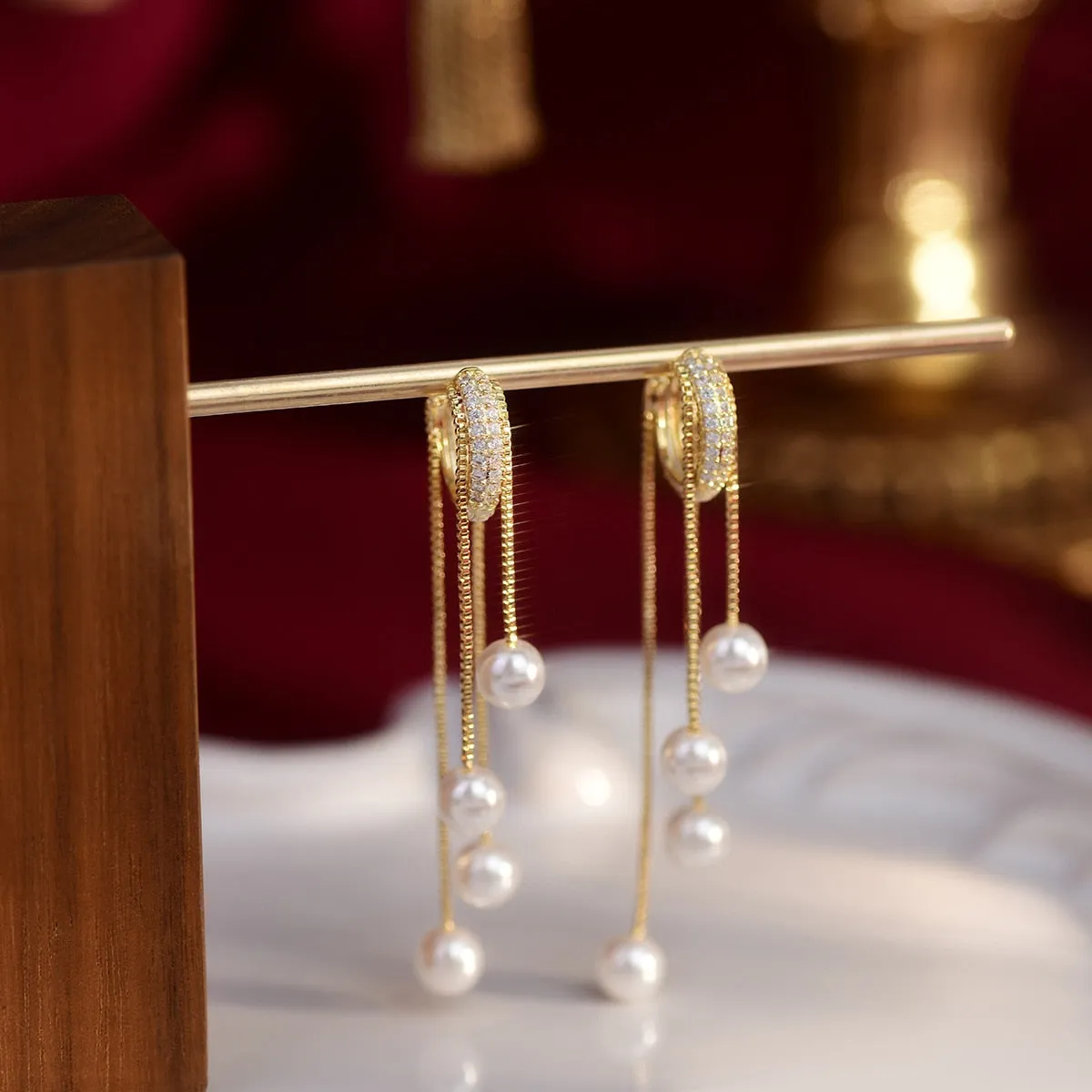 Beautiful Pearl Tassel Earrings Korean Style Micro Pave Zirconia Long Earings