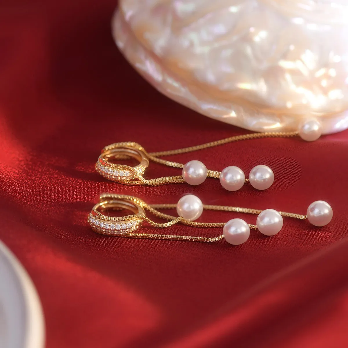 Beautiful Pearl Tassel Earrings Korean Style Micro Pave Zirconia Long Earings