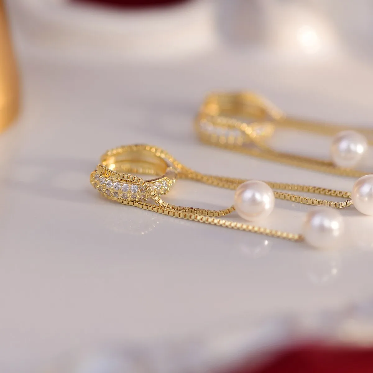 Beautiful Pearl Tassel Earrings Korean Style Micro Pave Zirconia Long Earings