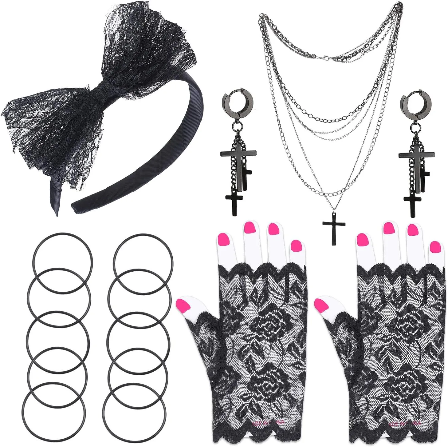 Beelittle 80s Costume Accessories Women Madonna Outfit with 1980s Fishnet Lace Gloves Bow Headband Earrings Necklace Bracelet