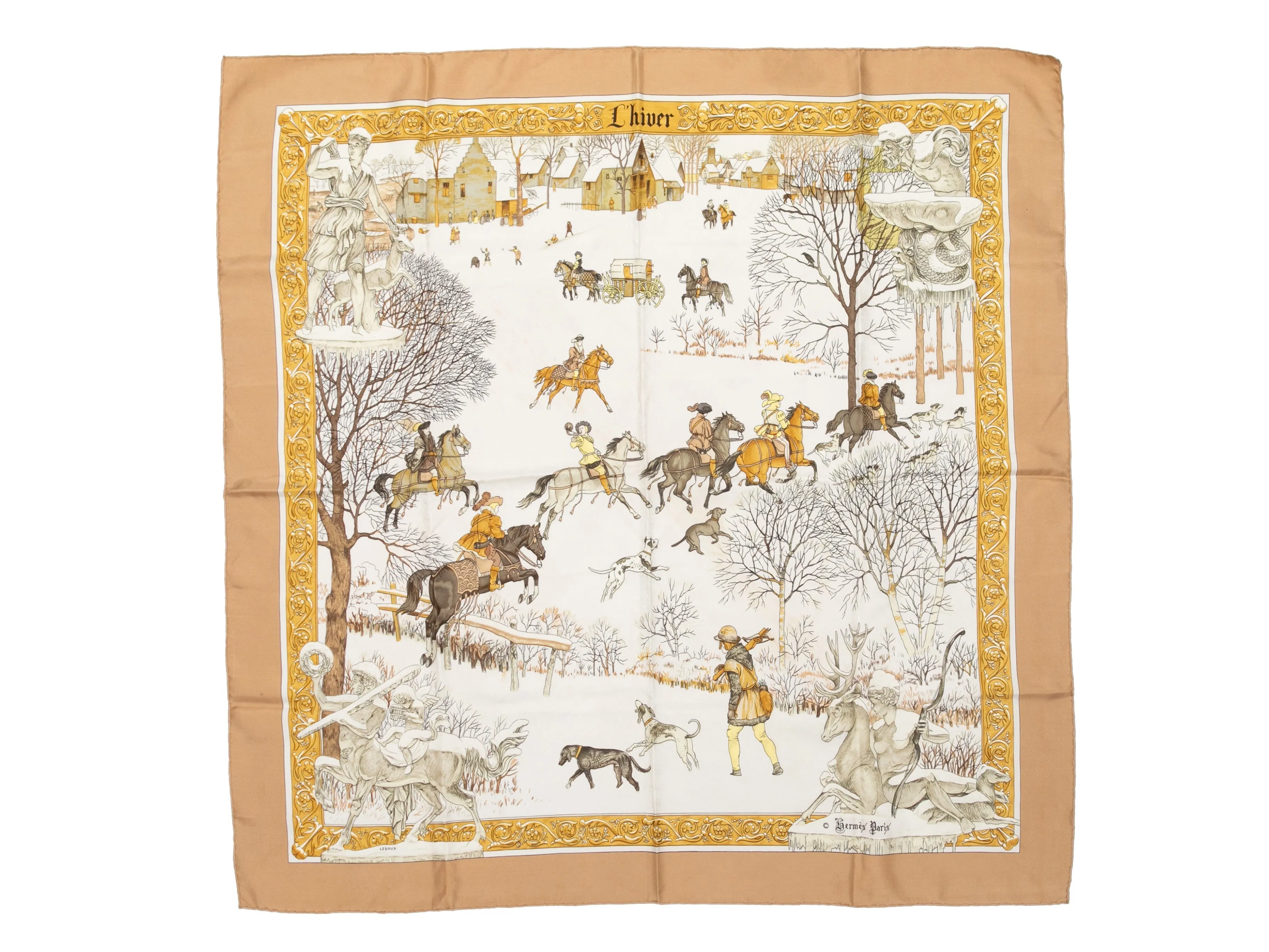 Beige & Multicolor Hermes L'hiver Motif Printed Silk Scarf