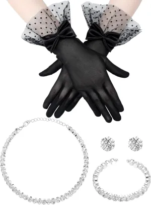Bencailor 4 Pcs Pearl Rhinestone Jewelry Set for Women Necklace Bracelet Earrings and Gloves for Wedding Birthday Bridal Shower Tea Party