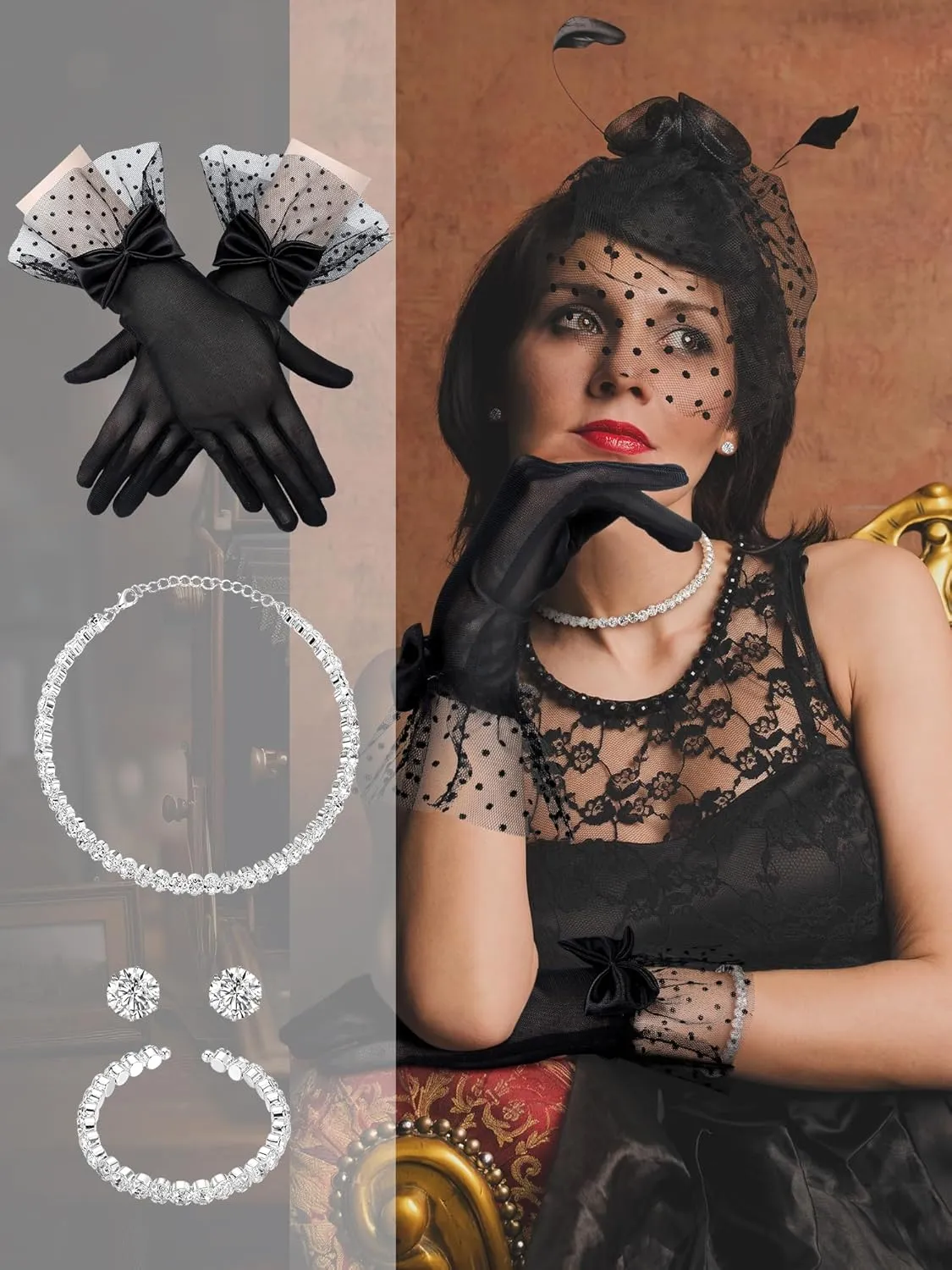 Bencailor 4 Pcs Pearl Rhinestone Jewelry Set for Women Necklace Bracelet Earrings and Gloves for Wedding Birthday Bridal Shower Tea Party