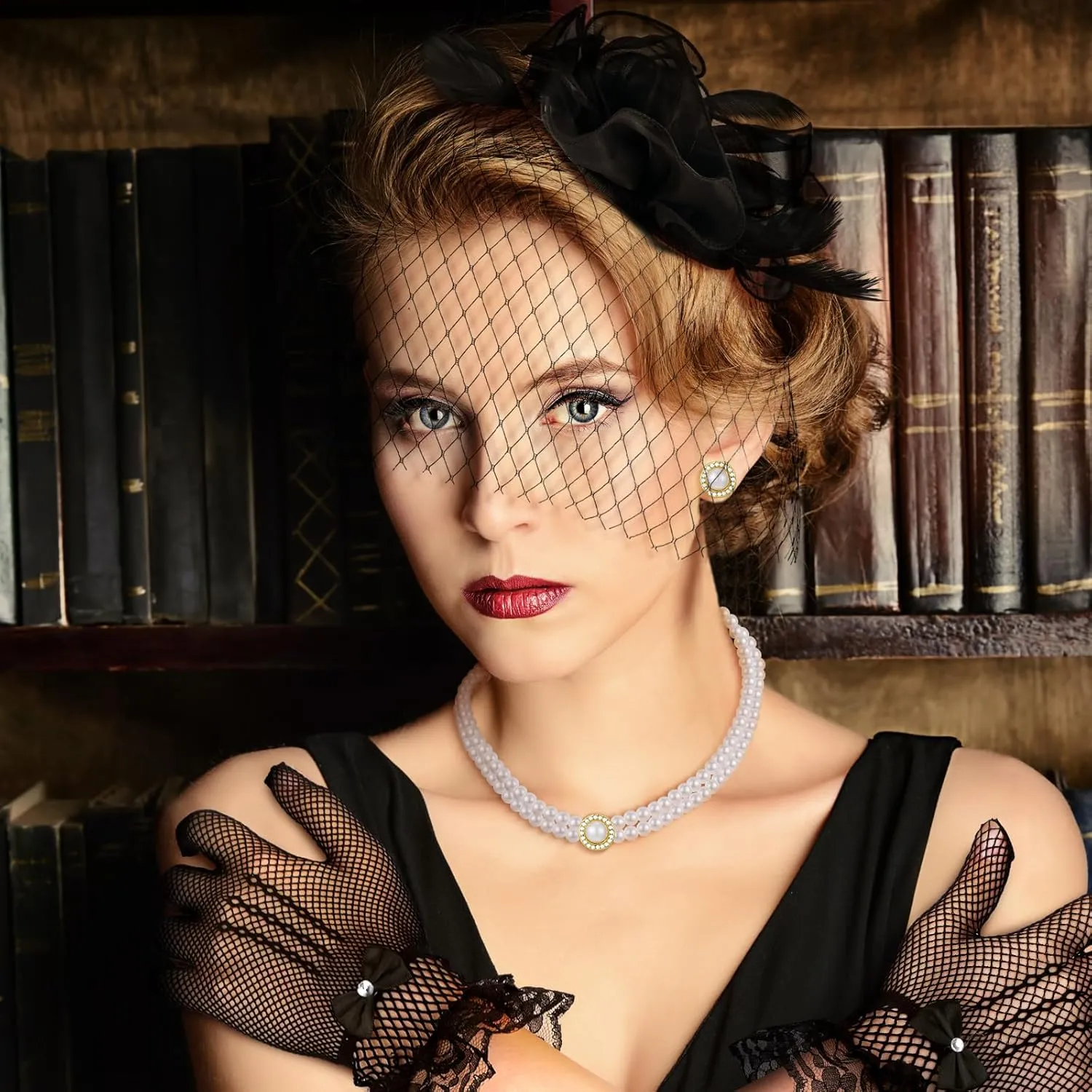 Bencailor Fascinator Hat for Women Funeral Veil Hats Set Include Mesh Lace Gloves Necklace Earring for Tea Party