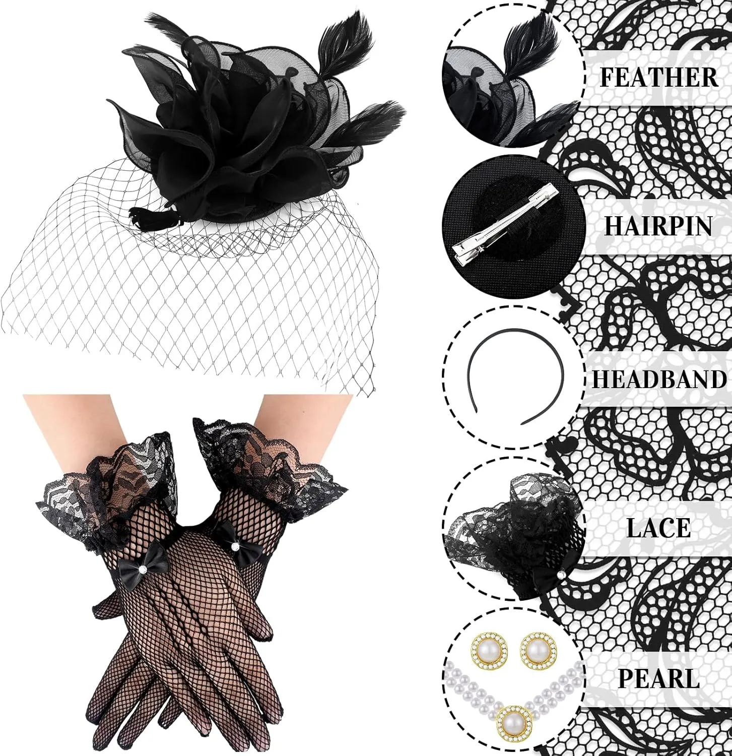 Bencailor Fascinator Hat for Women Funeral Veil Hats Set Include Mesh Lace Gloves Necklace Earring for Tea Party