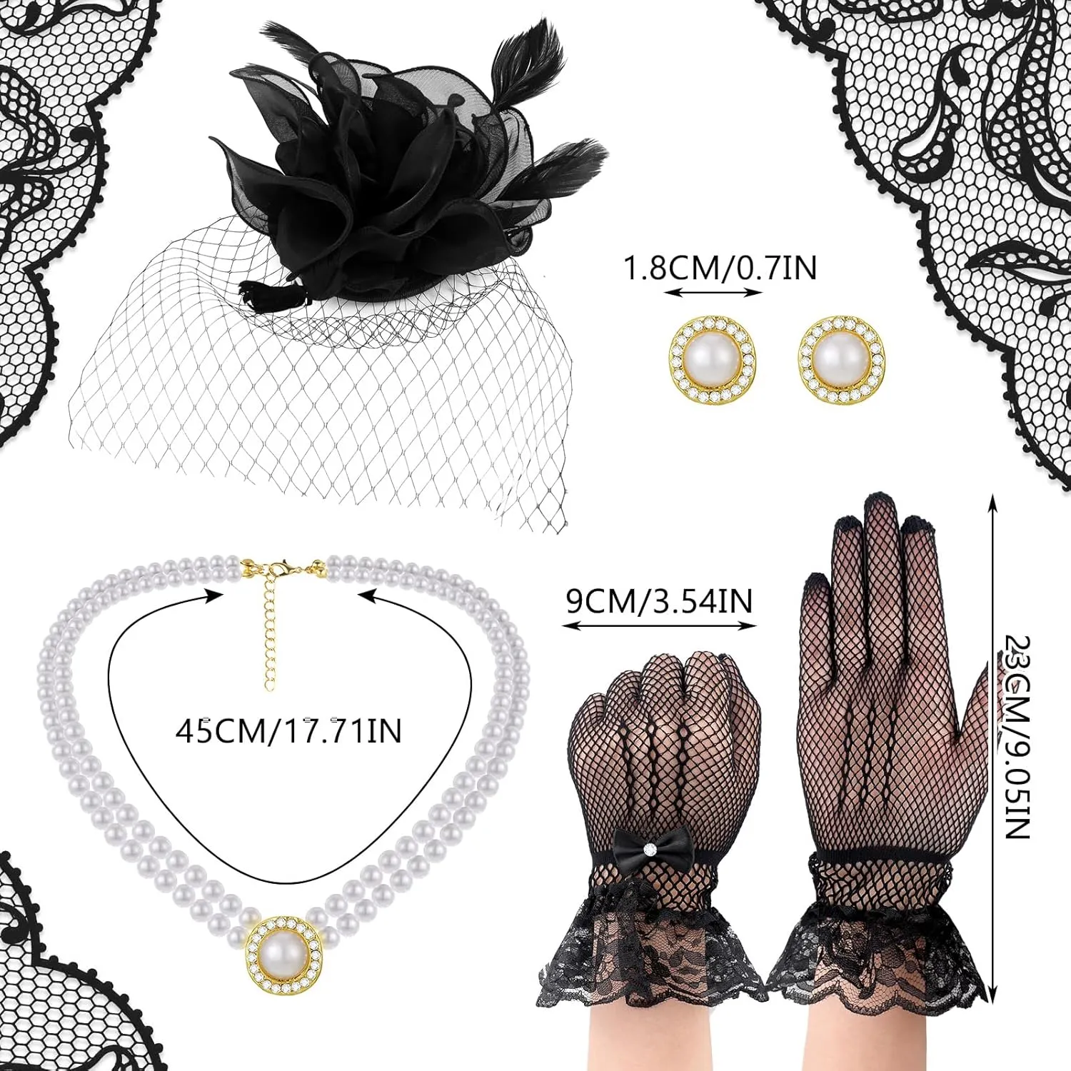 Bencailor Fascinator Hat for Women Funeral Veil Hats Set Include Mesh Lace Gloves Necklace Earring for Tea Party