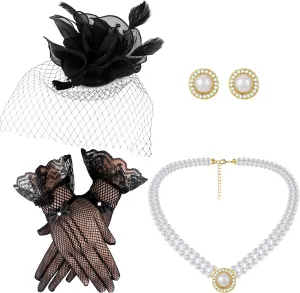Bencailor Fascinator Hat for Women Funeral Veil Hats Set Include Mesh Lace Gloves Necklace Earring for Tea Party