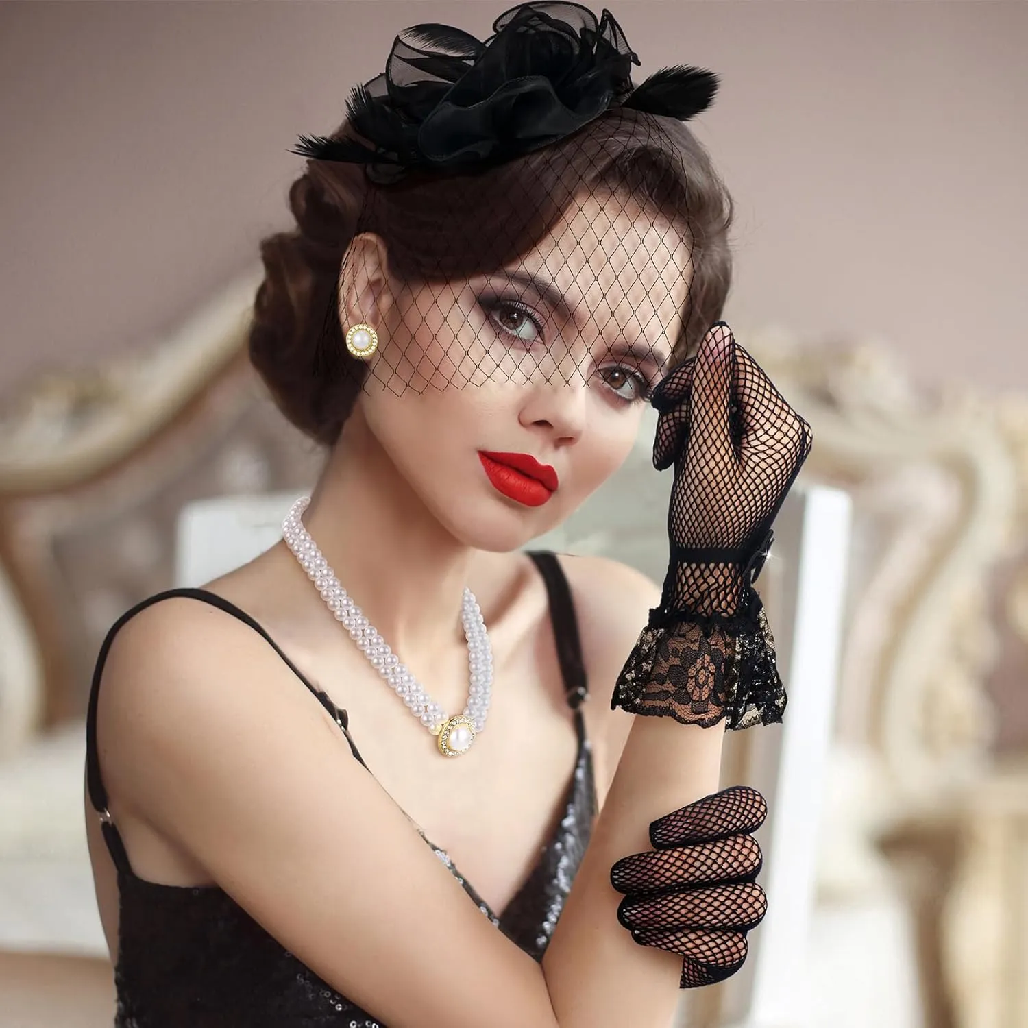 Bencailor Fascinator Hat for Women Funeral Veil Hats Set Include Mesh Lace Gloves Necklace Earring for Tea Party