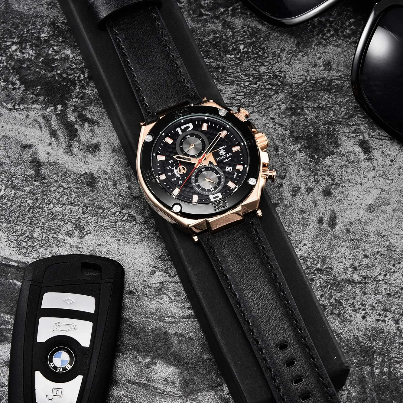 BENYAR Mens Watches Chronograph Date Waterproof Sports Watches Leather Strap Business Wrist Watches