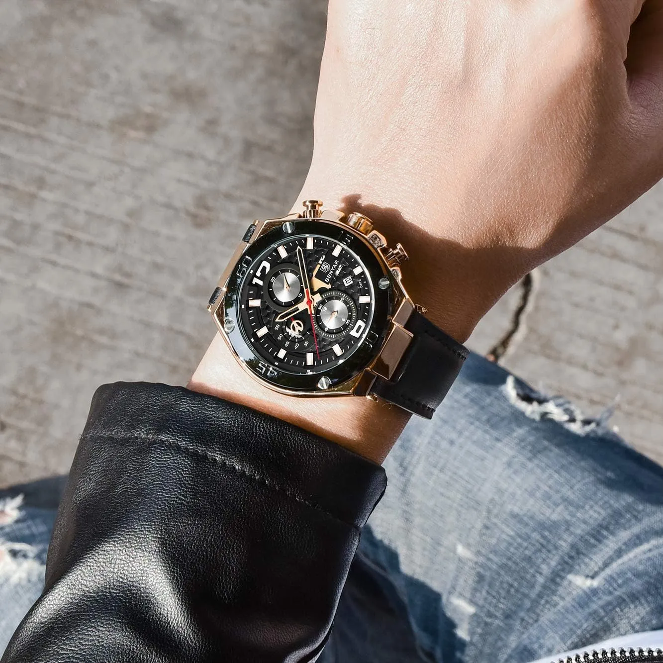 BENYAR Mens Watches Chronograph Date Waterproof Sports Watches Leather Strap Business Wrist Watches