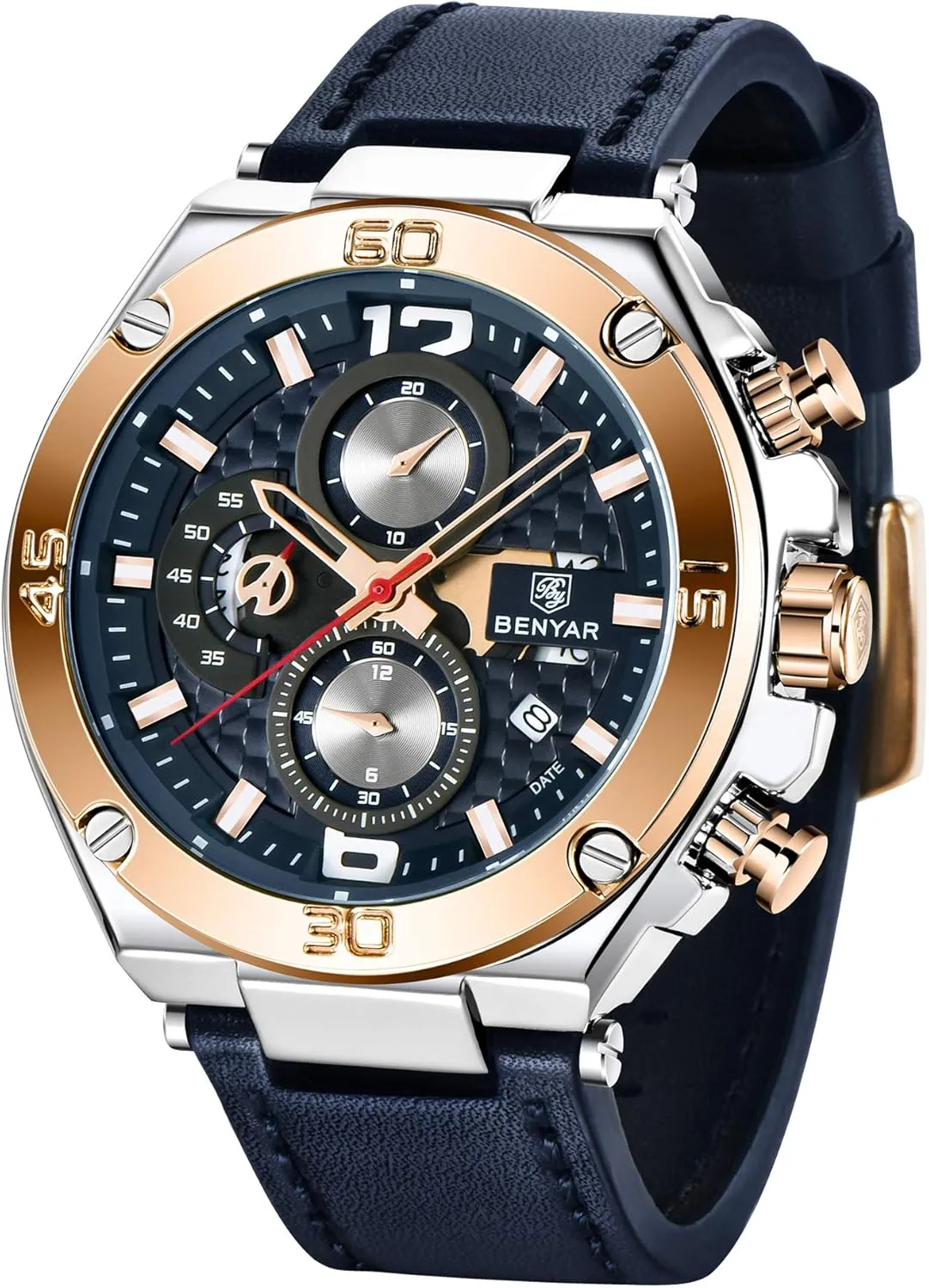 BENYAR Mens Watches Chronograph Date Waterproof Sports Watches Leather Strap Business Wrist Watches