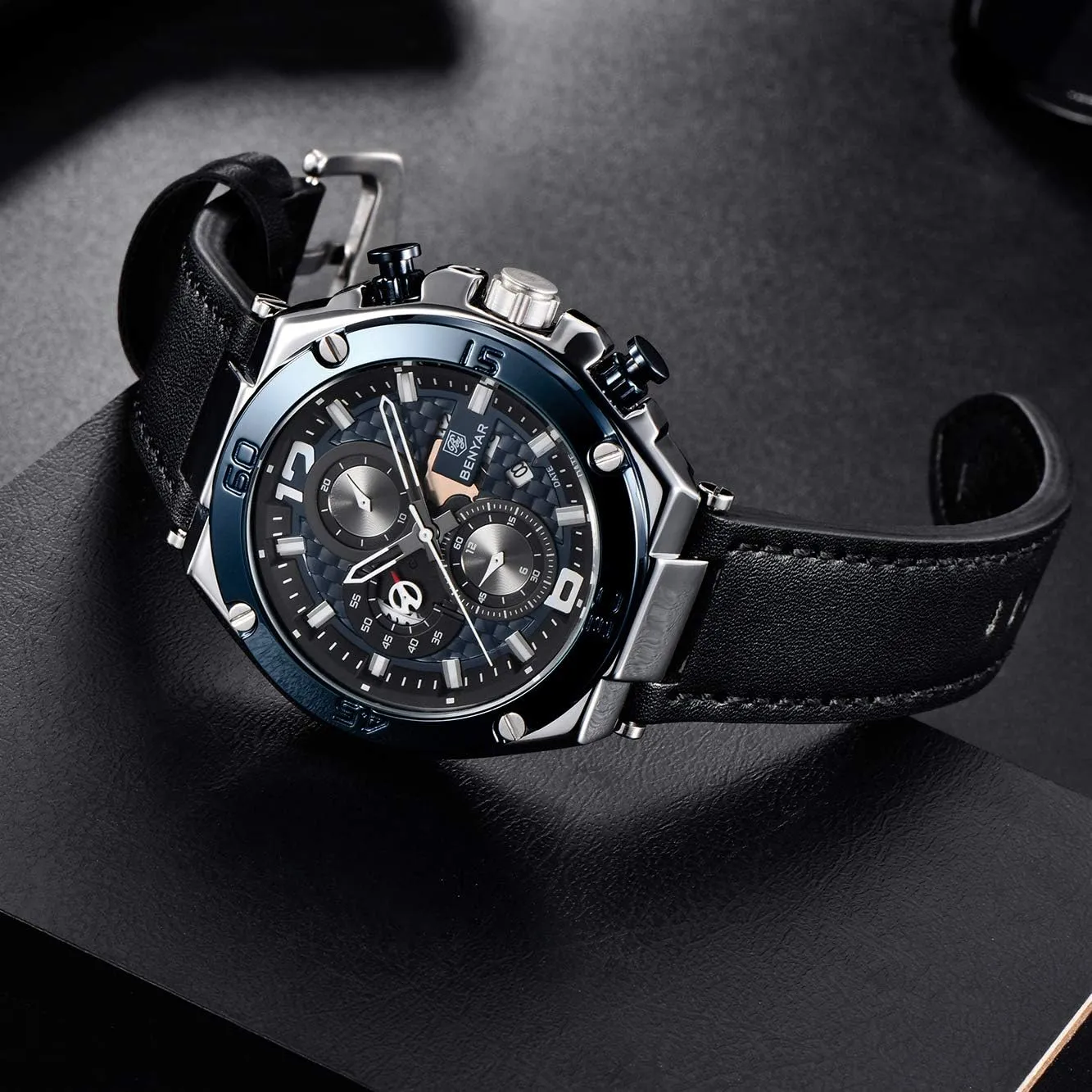 BENYAR Mens Watches Chronograph Date Waterproof Sports Watches Leather Strap Business Wrist Watches