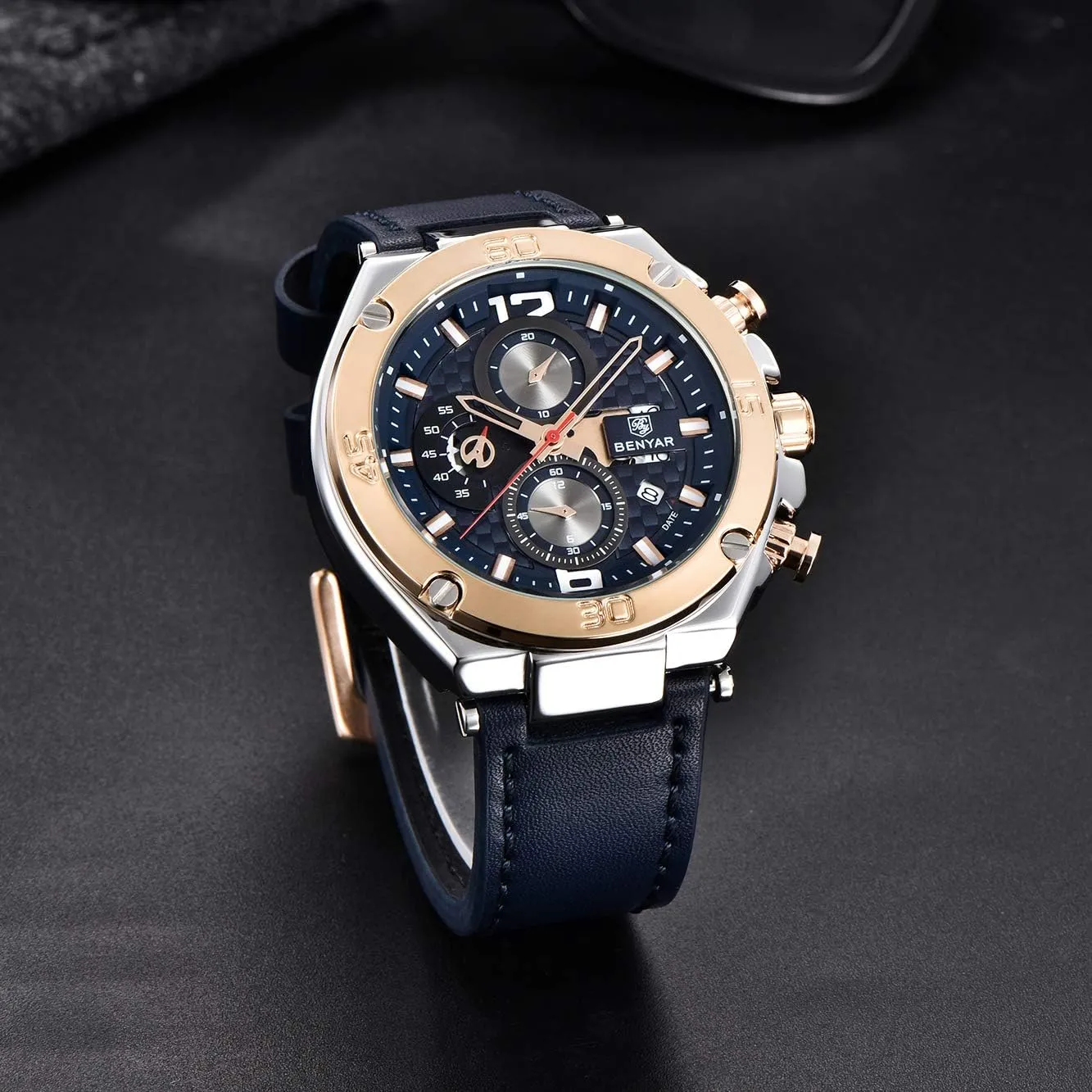 BENYAR Mens Watches Chronograph Date Waterproof Sports Watches Leather Strap Business Wrist Watches