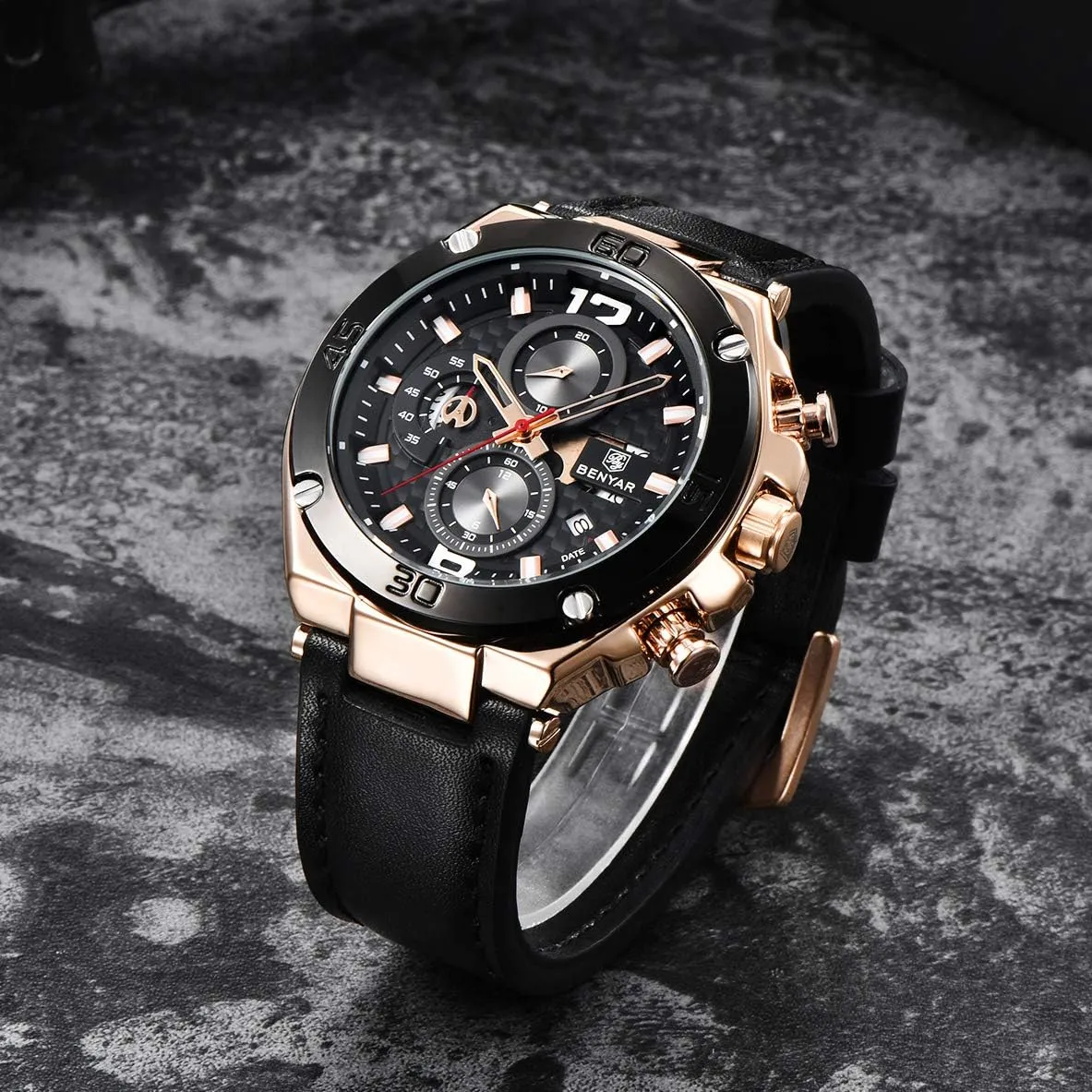 BENYAR Mens Watches Chronograph Date Waterproof Sports Watches Leather Strap Business Wrist Watches