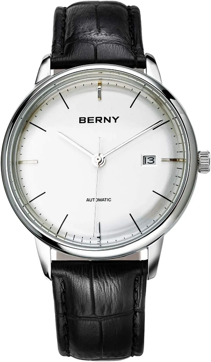 BERNY Watches for Men Ultra Thin Movement Automatic Minimalist Watch Genuine Leather Strap Men's Wrist Watches
