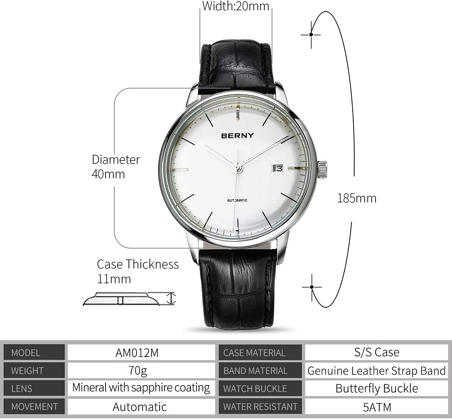 BERNY Watches for Men Ultra Thin Movement Automatic Minimalist Watch Genuine Leather Strap Men's Wrist Watches
