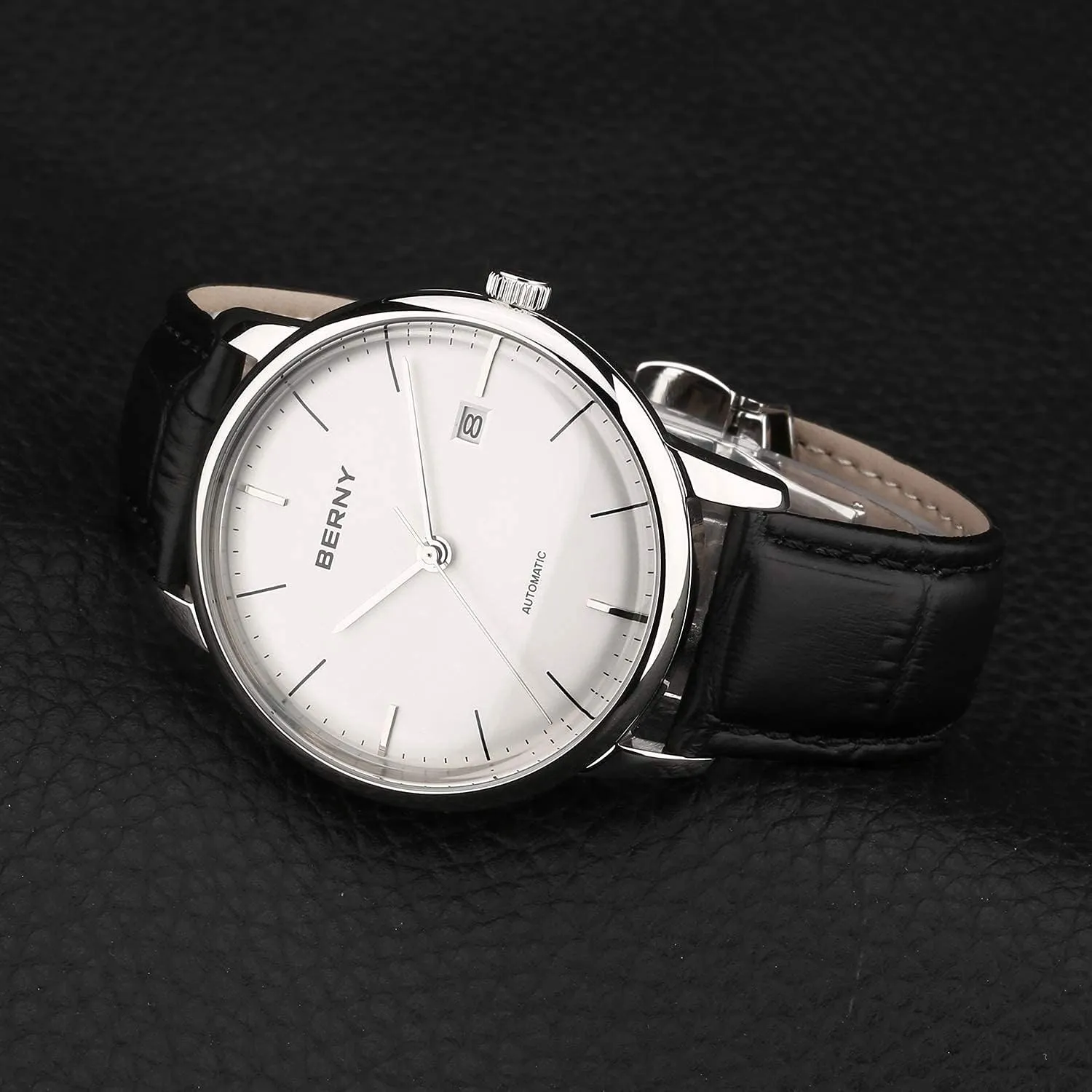 BERNY Watches for Men Ultra Thin Movement Automatic Minimalist Watch Genuine Leather Strap Men's Wrist Watches
