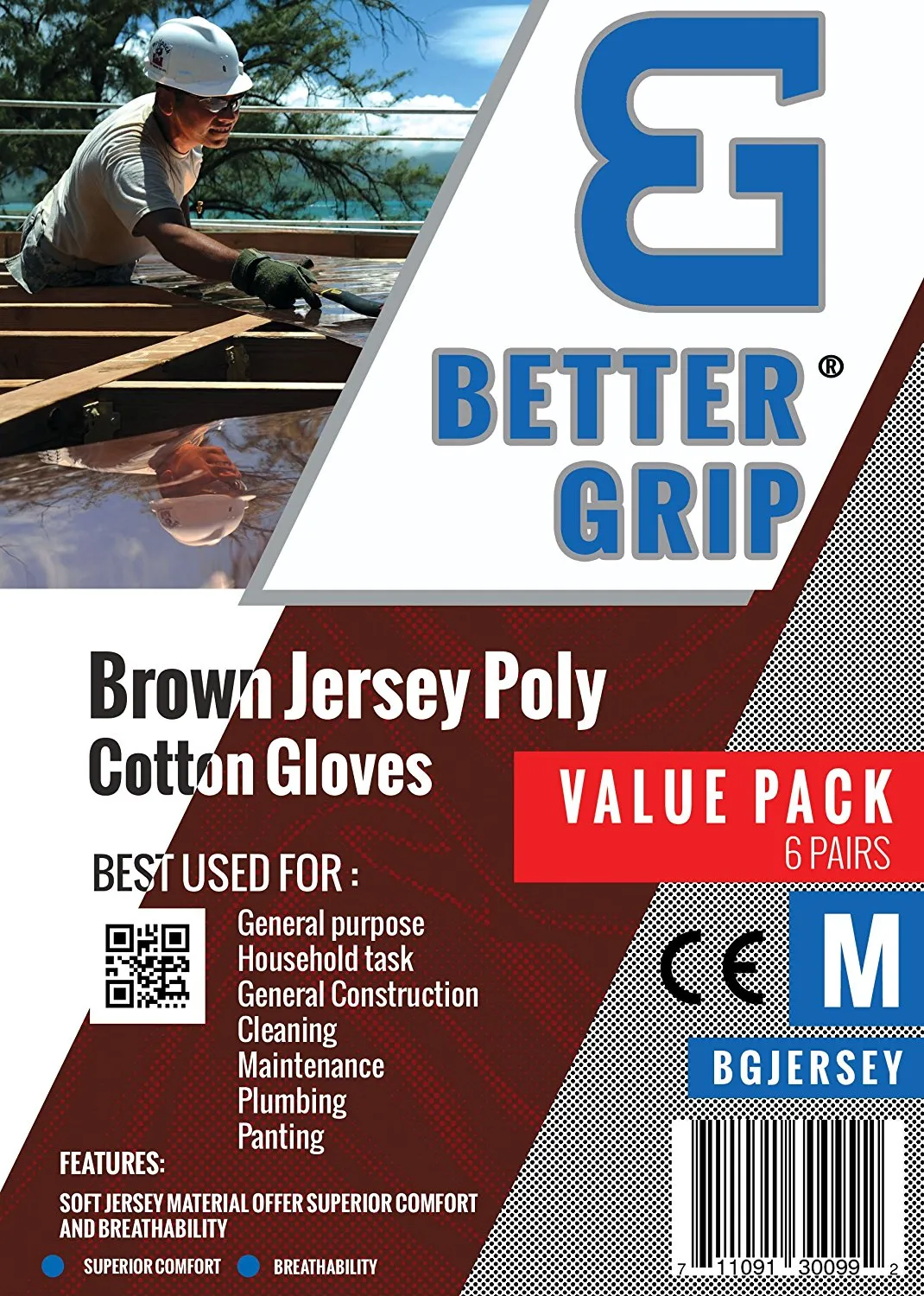 Better Grip BGJERSEY Brown Jersey Work Gloves