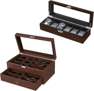 BEWISHOME Watch Box for Men - Luxury Watch Case & 12 Slots Sunglasses Organizer,Eyeglasses Eyewear Display Case with Clear Glass Top, Bundle