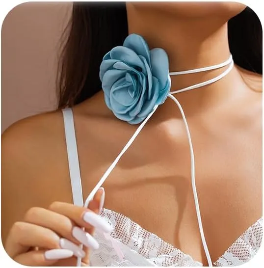 Big Flower Choker for Women Adjustable Velvet Black/White/Red/Pink/Blue Vintage Flower Necklace Women's Choker Necklaces Rose Flower Bride Wedding Party Lace Choker Summer Jewerly