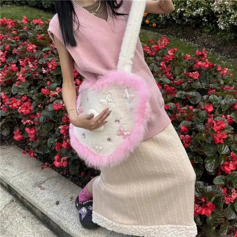 binfenxie  -  fancy bags Y2k Girls Heart Crossbody Bag Korean Fashion Cute Fluffy Shoulder Bag Designer Plush Rabbit School Bags Winter Kawaii Handbag