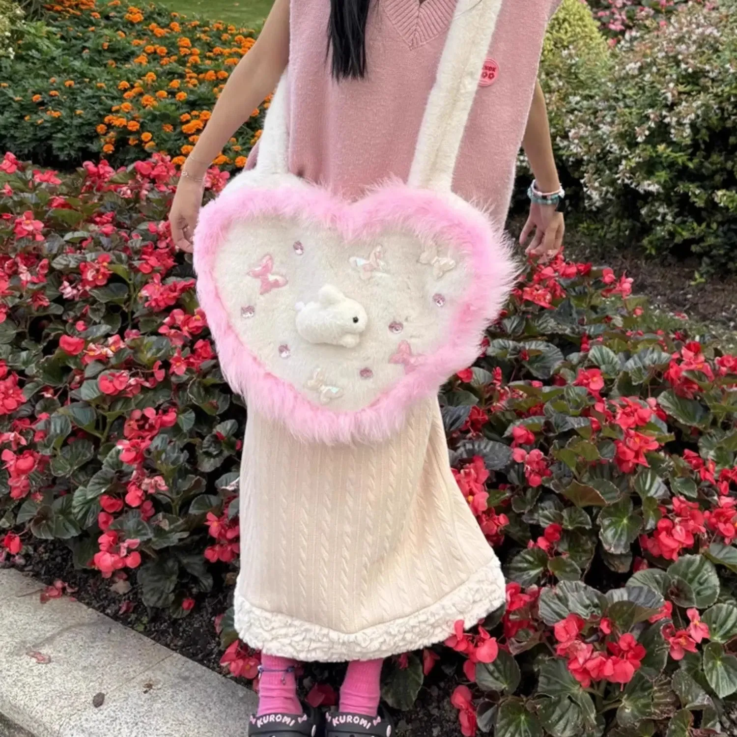 binfenxie  -  fancy bags Y2k Girls Heart Crossbody Bag Korean Fashion Cute Fluffy Shoulder Bag Designer Plush Rabbit School Bags Winter Kawaii Handbag
