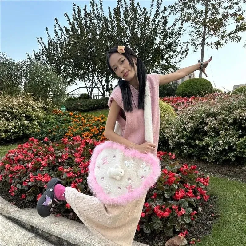 binfenxie  -  fancy bags Y2k Girls Heart Crossbody Bag Korean Fashion Cute Fluffy Shoulder Bag Designer Plush Rabbit School Bags Winter Kawaii Handbag