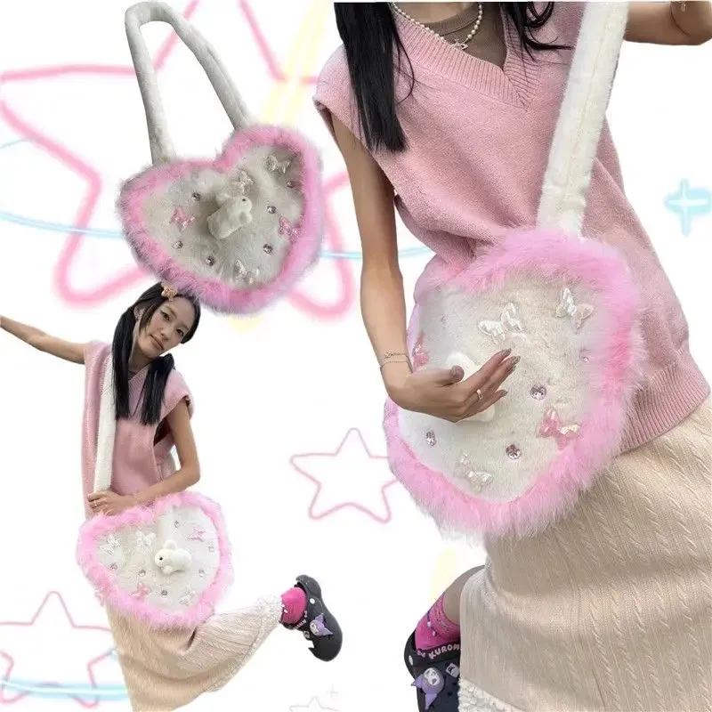 binfenxie  -  fancy bags Y2k Girls Heart Crossbody Bag Korean Fashion Cute Fluffy Shoulder Bag Designer Plush Rabbit School Bags Winter Kawaii Handbag