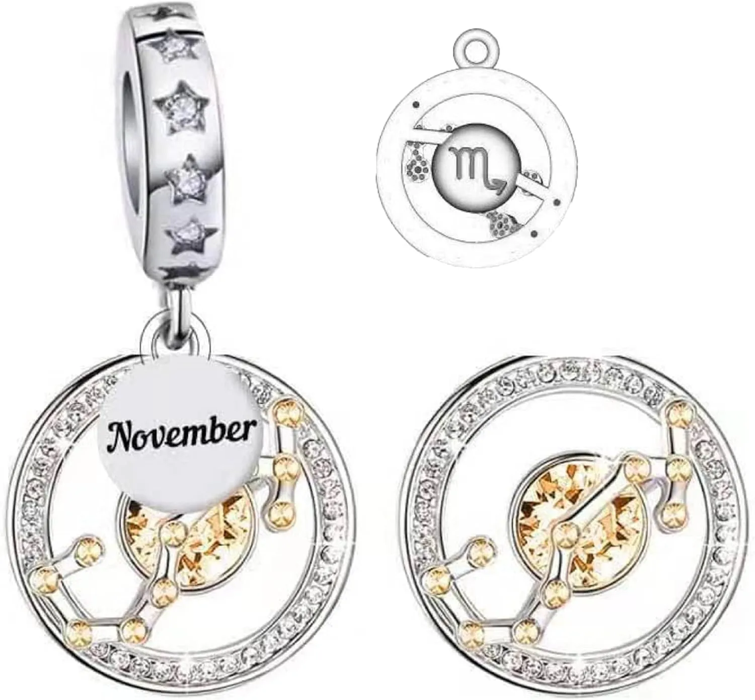 Birthstone And Zodiac Dangle Charm, Sterling Silver Charm, Horoscope Charm, Women Gift Charm, Birthday Charm For Necklace, Mothers Day's Jewelry Gift, Fit To Pandora