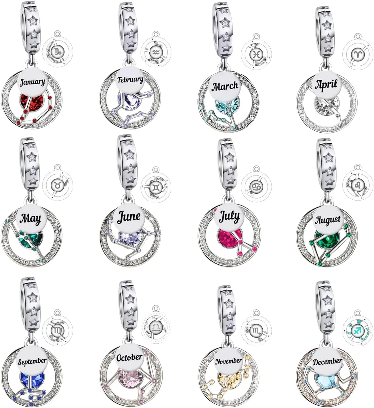 Birthstone And Zodiac Dangle Charm, Sterling Silver Charm, Horoscope Charm, Women Gift Charm, Birthday Charm For Necklace, Mothers Day's Jewelry Gift, Fit To Pandora