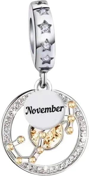 Birthstone And Zodiac Dangle Charm, Sterling Silver Charm, Horoscope Charm, Women Gift Charm, Birthday Charm For Necklace, Mothers Day's Jewelry Gift, Fit To Pandora