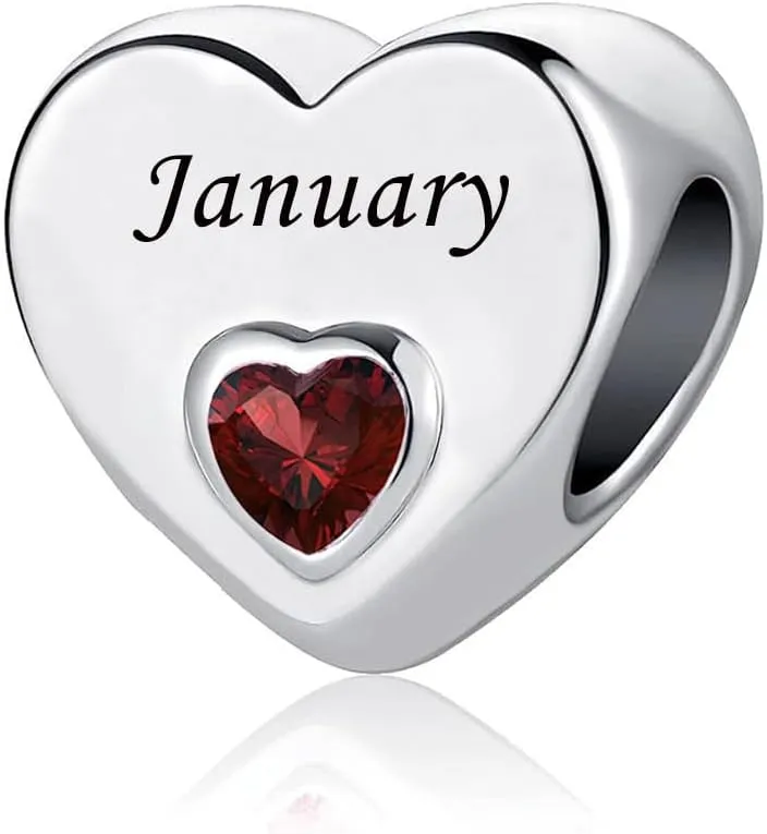 Birthstone Heart Charm January-December 12 Months Happy Birthday Charm Bead Compatible with Pandora Charms Bracelets for Family Grandma Mom