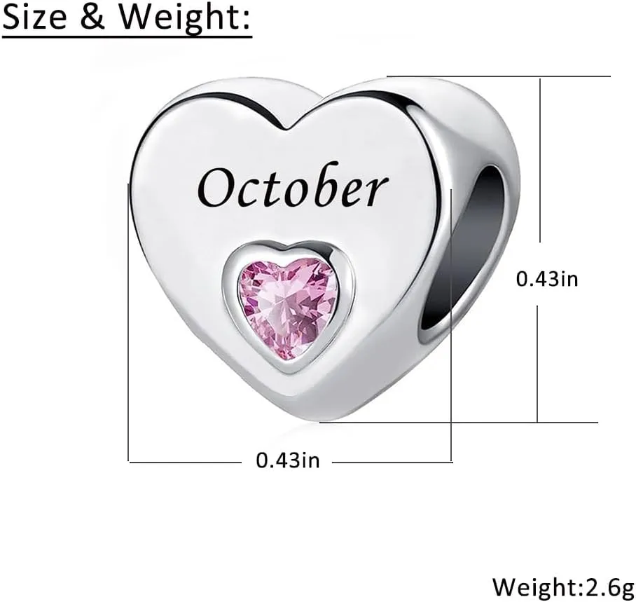 Birthstone Heart Charm January-December 12 Months Happy Birthday Charm Bead Compatible with Pandora Charms Bracelets for Family Grandma Mom