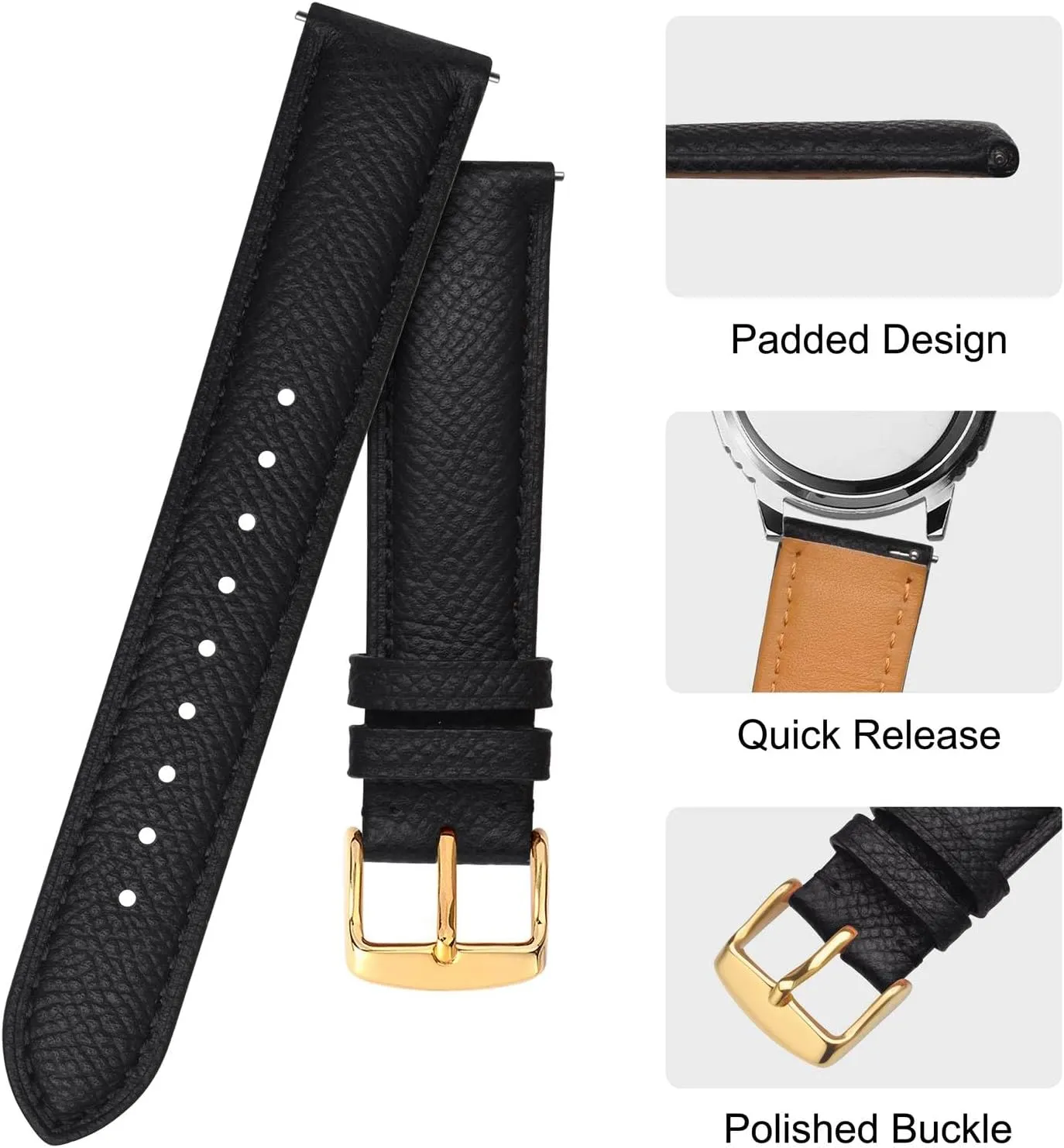 BISONSTRAP Texture Leather Watch Straps for Women and Men, Watch Replacement Bands with Quick Release, 16mm 18mm 19mm 20mm 22mm