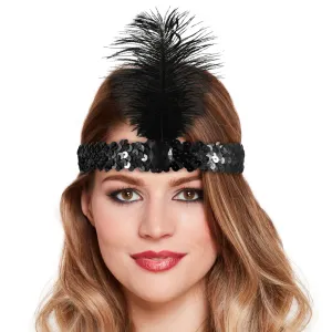 Black Charleston Flapper Sequin Feather Headband