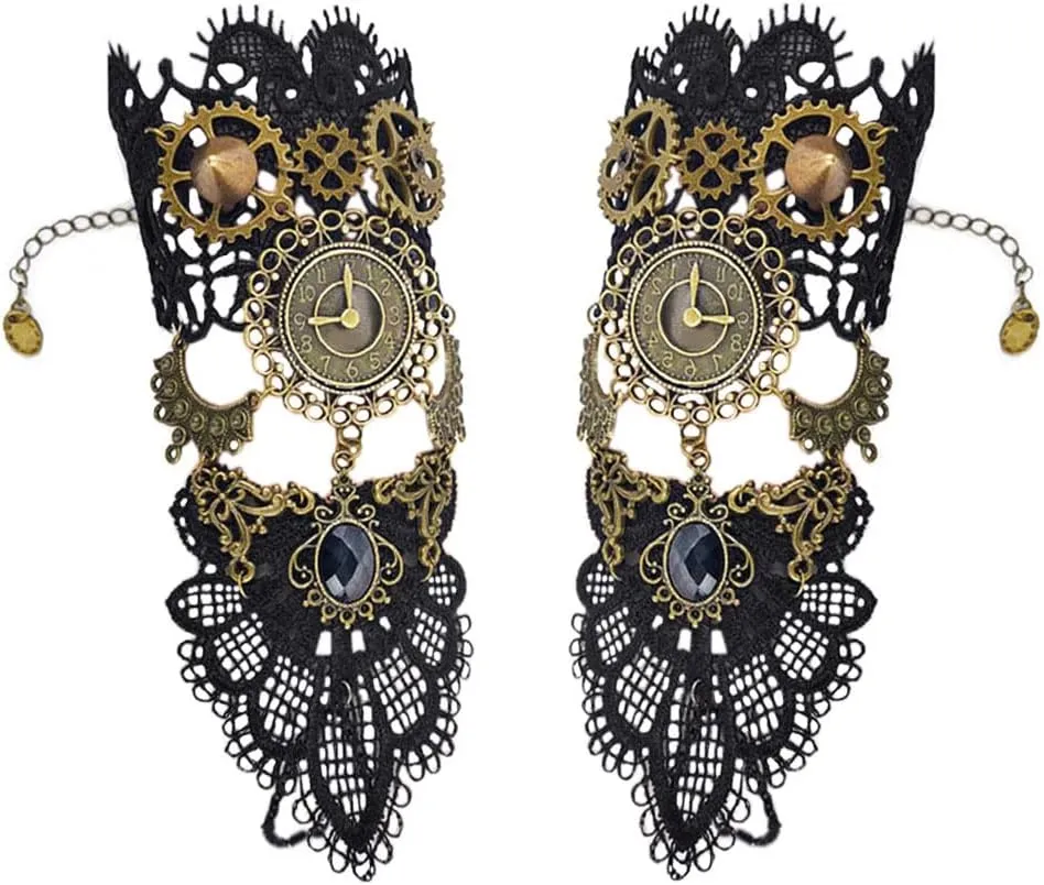 Black Choker Lace Bracelet Retro Lolita Wristband Gothic Steampunk Bridal Fingerless Bracelet Ring Costume Vintage Punk Handmade Lace Up Gloves for Halloween Christmas Wedding Party- S392
