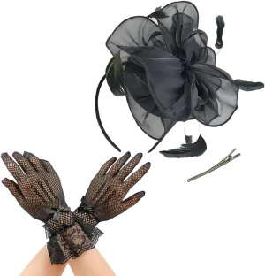 Black Fascinators with Fishnet Gloves 50s Vintage Hats Tea Party Headband Hat Feather Veil Hair Clip Cocktail Party Headband Short Lace Gloves for Women