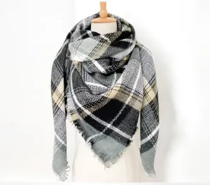 Black, Gray and White Women's Blanket Scarf/ Plaid Autumn and Winter Warm Oversized Scarf/ Wrap Shawl with Fringe/ Women Scarf/ Gifts for Her / Women Shawl / Bridesmaid Scarf/ Fall Scarf
