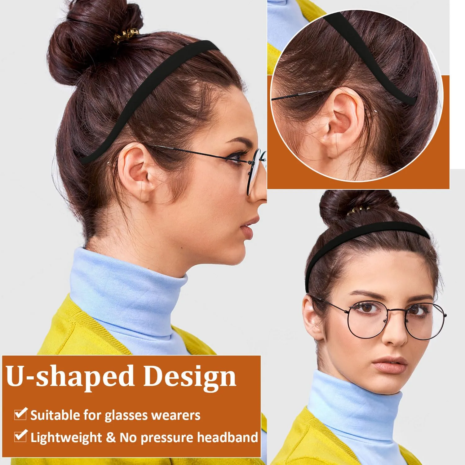 Black Headbands for Glasses & Sunglasses - Flexible, No Pressure, Comfortable Non-Slip Thin Headbands with Teeth for Women & Girls