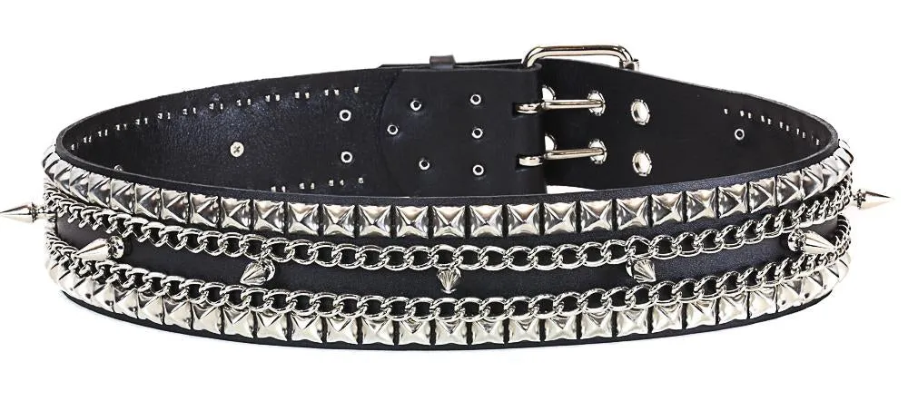 Black Leather Belt, 1 Row 1" Spikes, 2 Row 1/2" Pyramid Studs & Chains, 2 1/2" Wide
