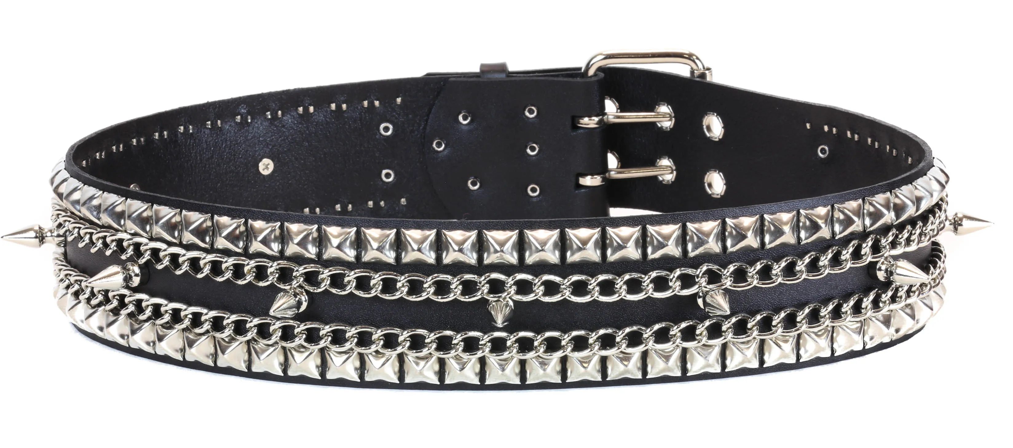 Black Leather Belt, 1 Row 1" Spikes, 2 Row 1/2" Pyramid Studs & Chains, 2 1/2" Wide