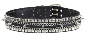 Black Leather Belt, 1 Row 1" Spikes, 2 Row 1/2" Pyramid Studs & Chains, 2 1/2" Wide