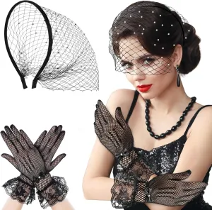 Black Mesh Veil Fascinator Headband 1920s 50s Headpiece & Lace Gloves, Bridal Veil with Rhinestones for Wedding Tea Party Cocktail Party Carnival Birthdays for Girls Women